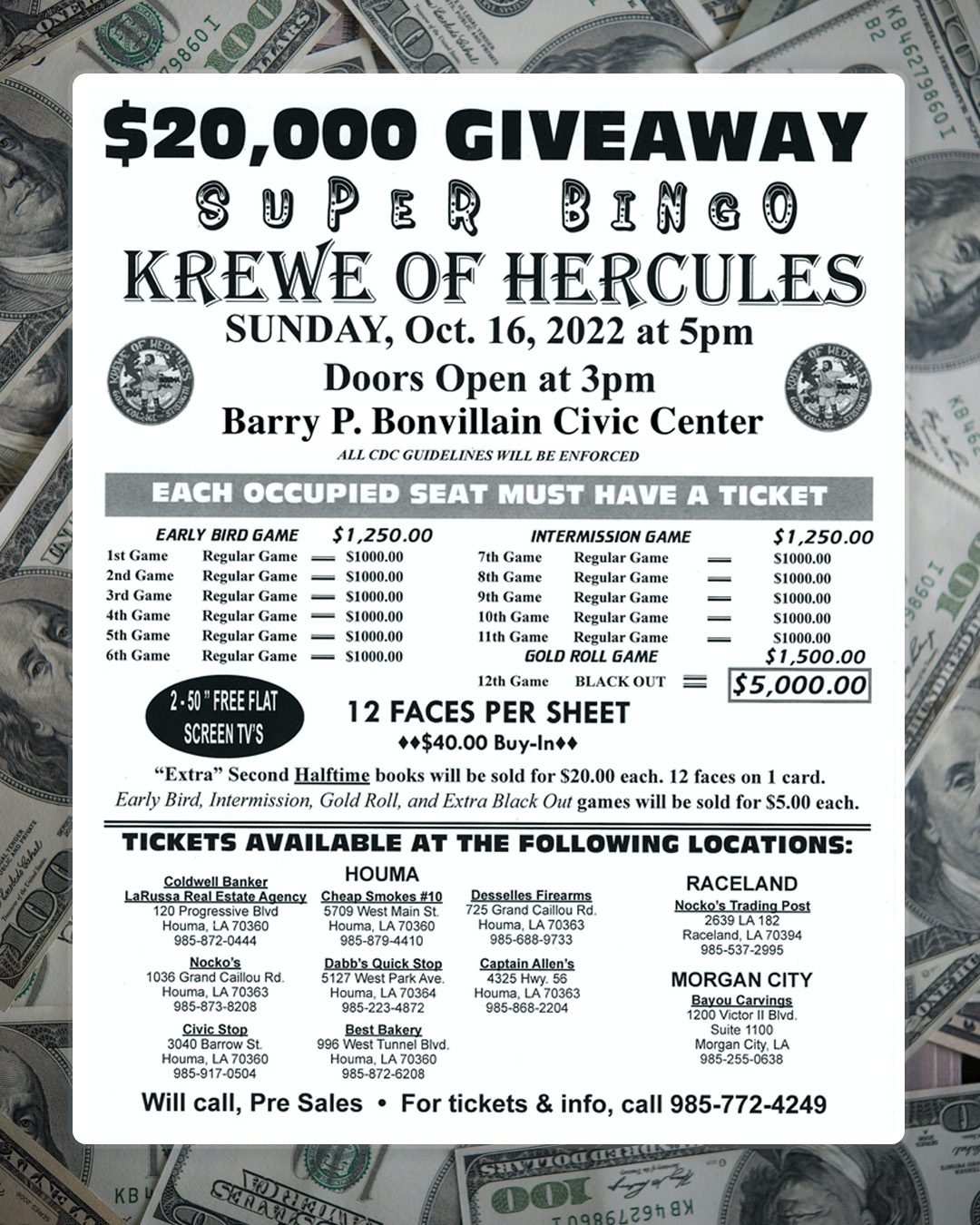 Super Bingo Hosted by Krewe of Hercules - Barry P. Bonvillain Civic Center